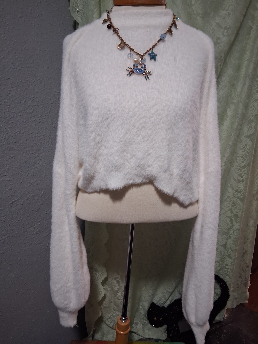 Women's Cream Fuzzy Crewneck Pullover Sweater